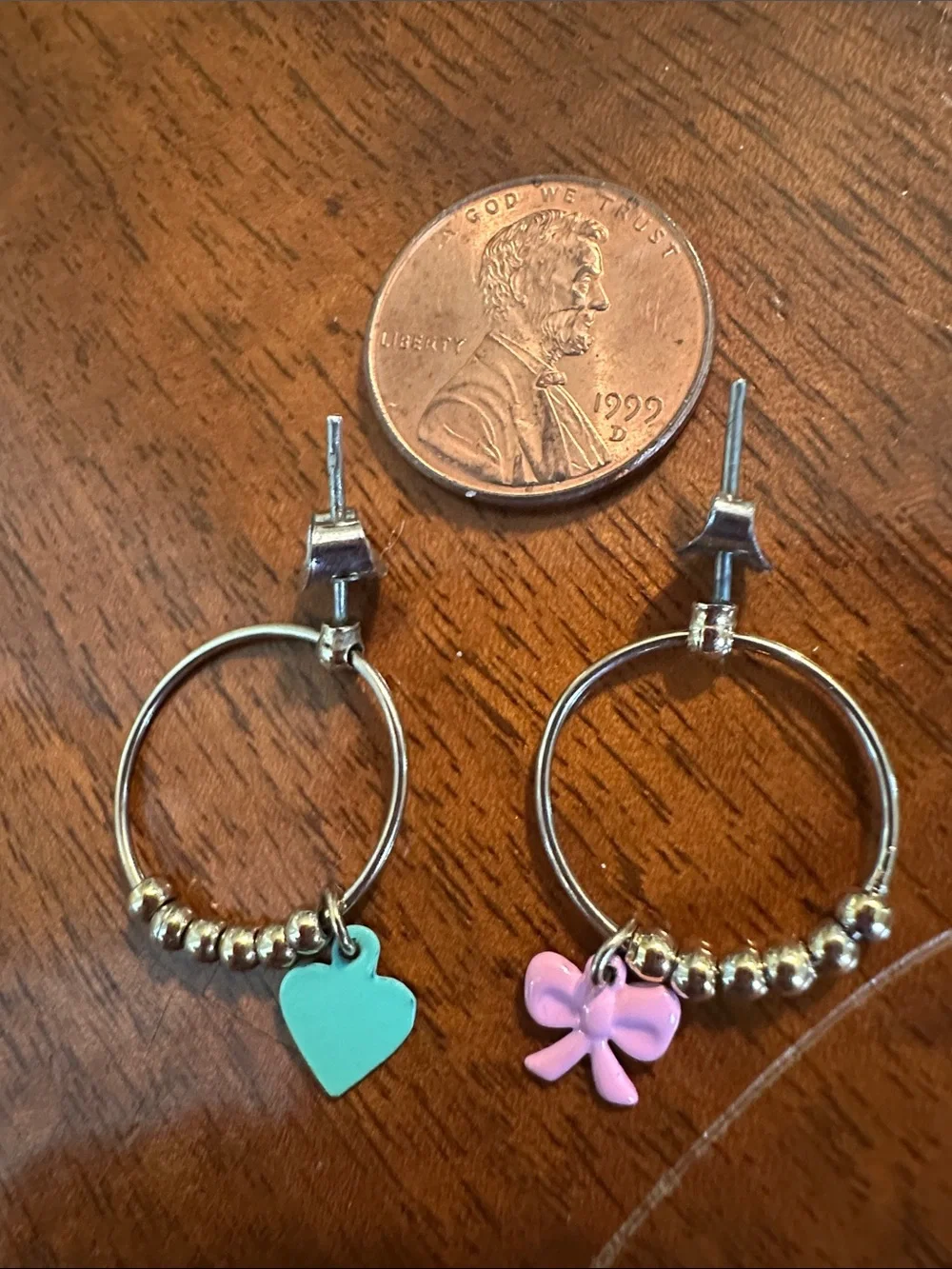 Kids Heart & Bow Hoop Earrings - Pink and Teal